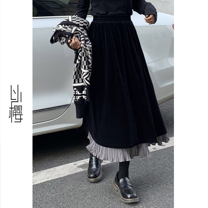 以樱秋冬金丝绒中长款高腰半身裙 以樱半身裙