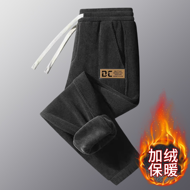 休闲裤子男2025秋冬新款束口宽松灯芯绒卫裤加绒保暖哈伦运动长裤 - 图0