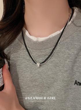 黑色水晶双层项链小众设计感女秋冬毛衣链小众百搭不掉色配饰卫衣