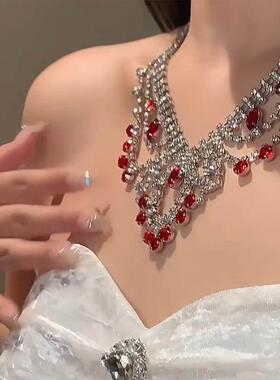 礼服配饰三件套法式宫廷复古红色皇冠水钻项链女轻奢高级耳a00081