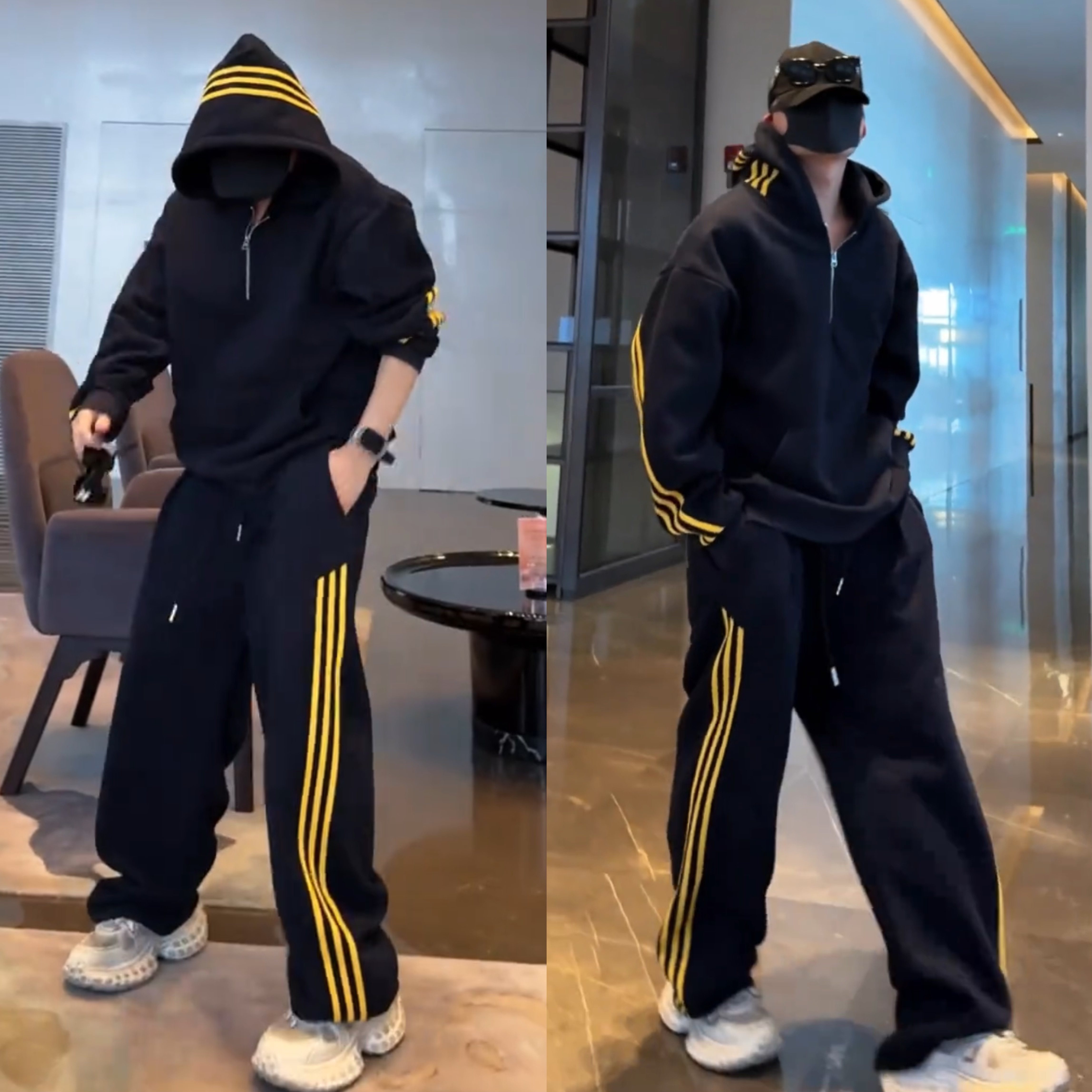 秋季经典三条杠运动休闲套装男宽松半拉链连帽卫衣阔腿长裤两件套,淘宝优惠券,粉丝福利购,淘宝优惠卷