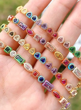 出口余彩色彩虹多巴胺滴油宝石手链女多款式爱心方形镶嵌手镯