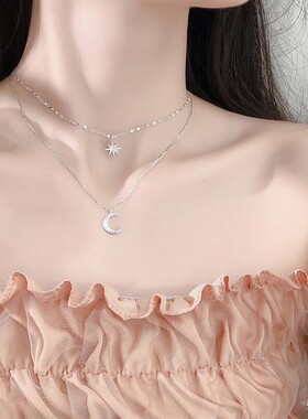New sterling Silver Star Moon Double Necklace Women Clavicl