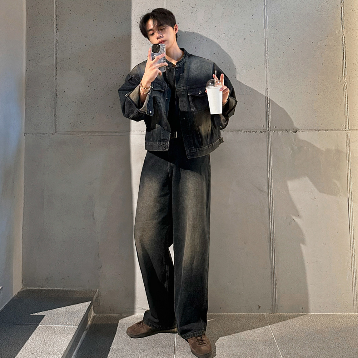 MRCYC复古做旧阔腿牛仔裤男士春秋宽松牛仔夹克韩系通勤时尚套装,淘宝优惠券,粉丝福利购,淘宝优惠卷