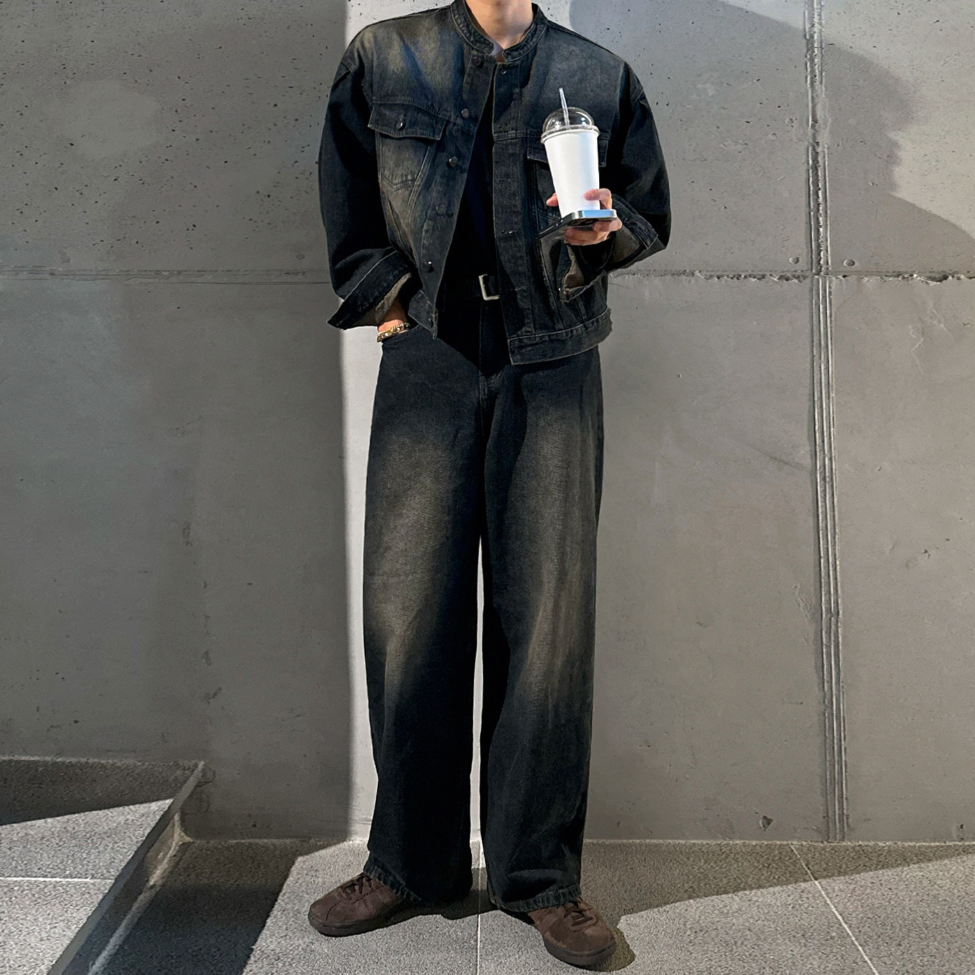 MRCYC复古做旧阔腿牛仔裤男士春秋宽松牛仔夹克韩系通勤时尚套装,淘宝优惠券,粉丝福利购,淘宝优惠卷