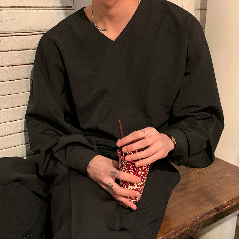 MRCYC高级垂感坠感内搭长袖衬衫男韩系潮流免烫宽松黑色衬衣痞帅,淘宝优惠券,粉丝福利购,淘宝优惠卷