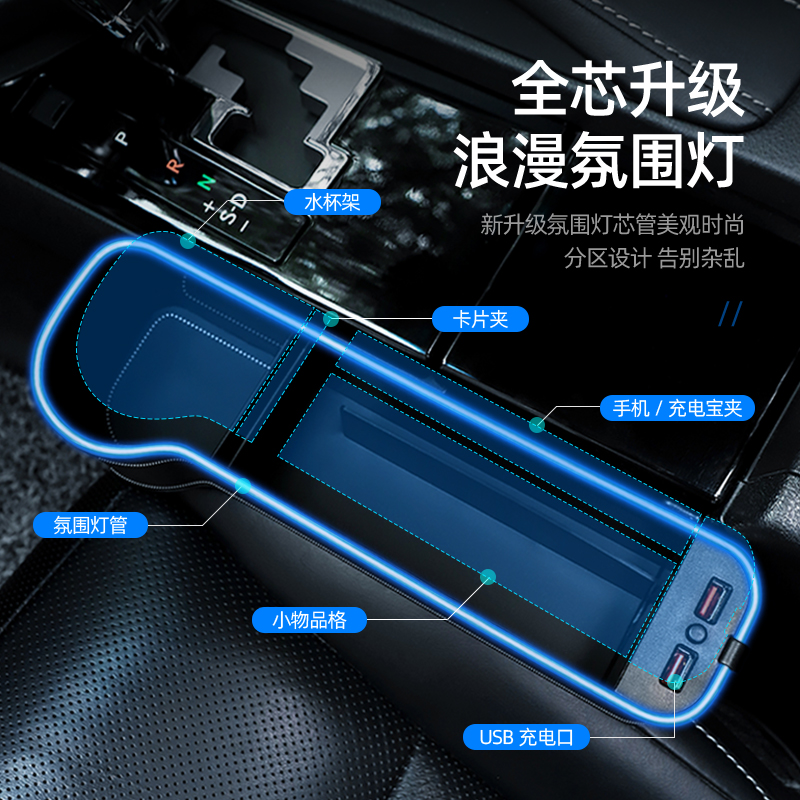 奥迪A4/A6/Q5L/A3/Q3/Q7A5车载座椅夹缝收纳盒缝隙置物盒带灯用品 - 图0