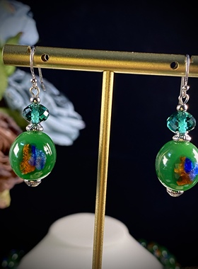 中古饰品金银彩箔手工琉璃颈链绿色系气质复古原创项链耳饰套装