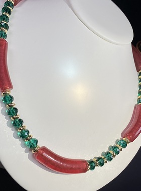 中古饰品原创设计弯管粉色老琉璃进口原色绿水晶复古颈链项链