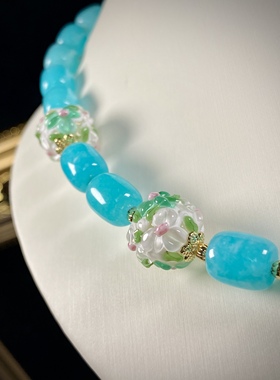 中古饰品粉色T芙尼蓝色清新简约天然石花珠琉璃项链春夏日搭项链