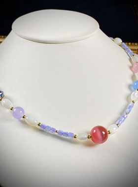 马卡龙天然石贝壳卡12M玫粉猫眼锁骨颈链41+5长度原创设计项链