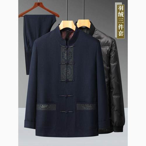 高档男士中国风秋冬唐装套装中老年爸爸外套爷爷冬季羽绒立领夹克 - 图2