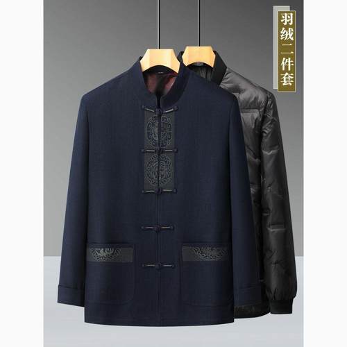 高档男士中国风秋冬唐装套装中老年爸爸外套爷爷冬季羽绒立领夹克 - 图3