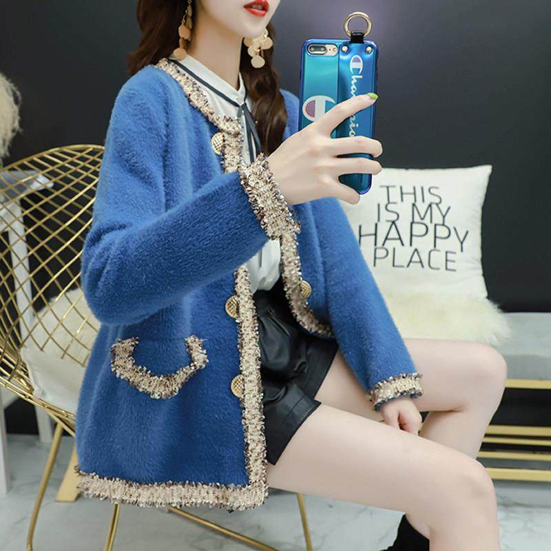 ROUJE ESVIP貂绒开衫女2025新款春秋外套宽松小香风百搭针织上衣,淘宝优惠券,粉丝福利购,淘宝优惠卷