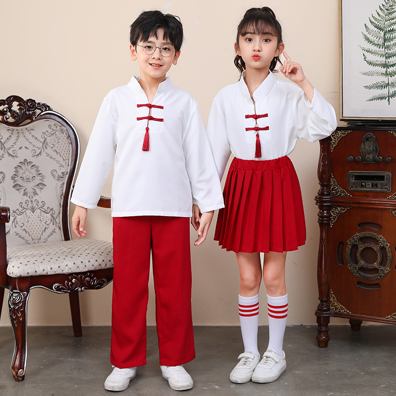 六一儿童演出服中国风男女童合唱服小学生中式朗诵表演服红色班服-图1