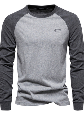 Men's T-shirt2025秋美式插肩袖休闲圆领长袖棉t恤男百搭打底上衣