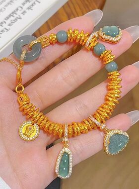 中式复古金色盘缠翡绿色葫芦平安扣手链女小众高级国风送礼物首饰