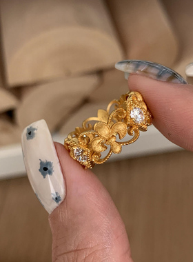Vintage中古鸢尾花蕾丝戒指女轻奢高级感食指戒开口戒高级感戒指