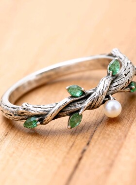 「森枝翠露」中古祖母绿彩宝珍珠戒指森系复古风小众精致指环首饰