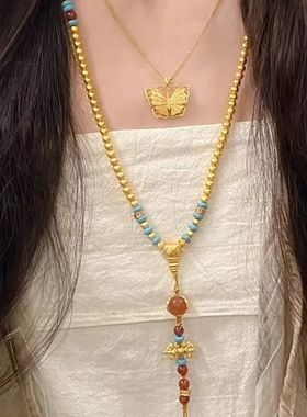 金店同款108颗多圈佛珠长项链女红蓝设计款降魔杵国风项链