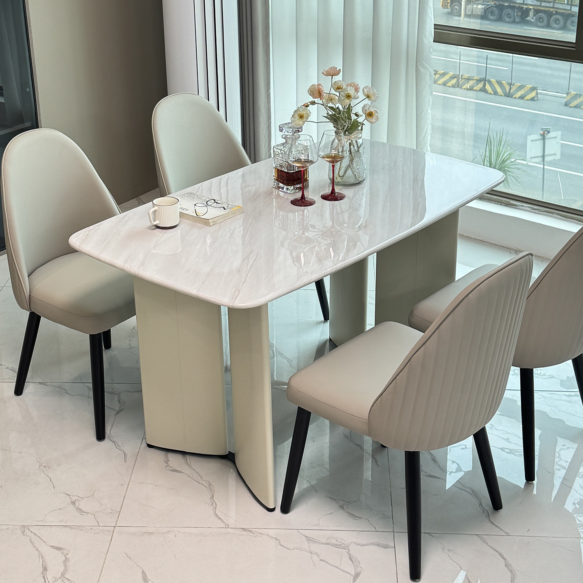 高级感奶油风现代简约轻奢大理石餐桌奢石纹理金刚大理石餐桌组合,淘宝优惠券,粉丝福利购,淘宝优惠卷