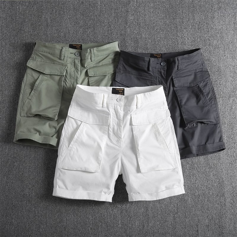 夏季美式多口袋白色工装短裤男潮牌余文乐宽松休闲纯色四分裤中裤 - 图0