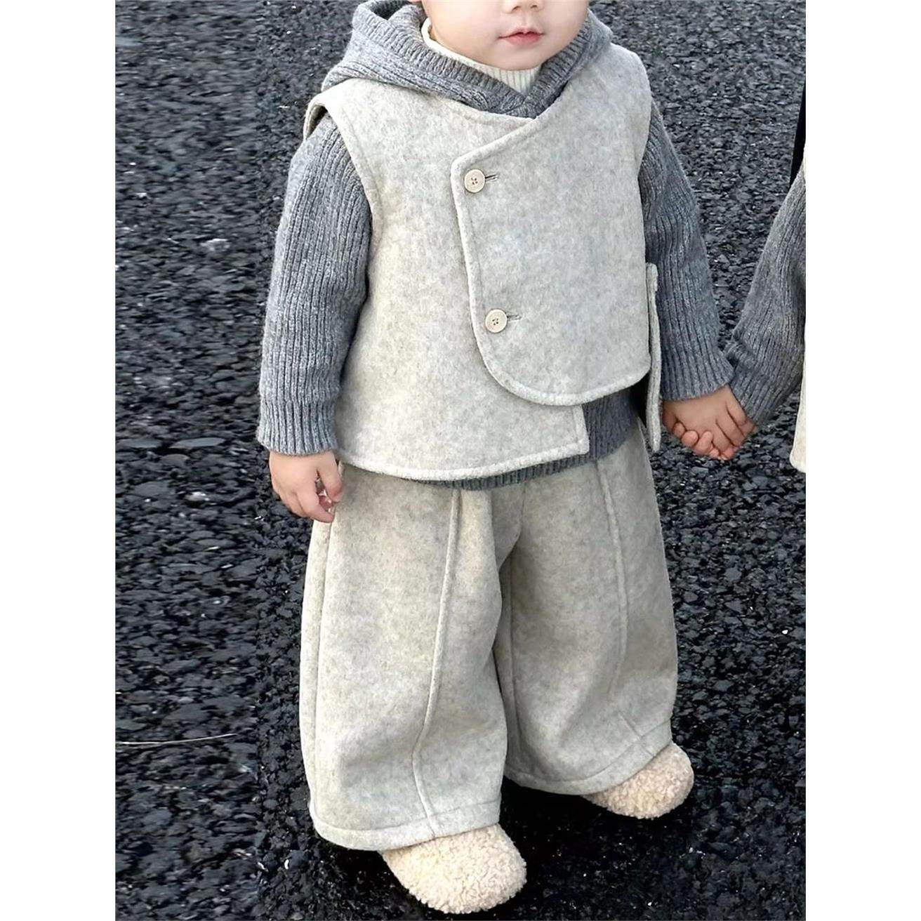 韩版童装男童秋冬2025新款时尚设计感毛呢马甲外套宽松休闲裤套装,淘宝优惠券,粉丝福利购,淘宝优惠卷