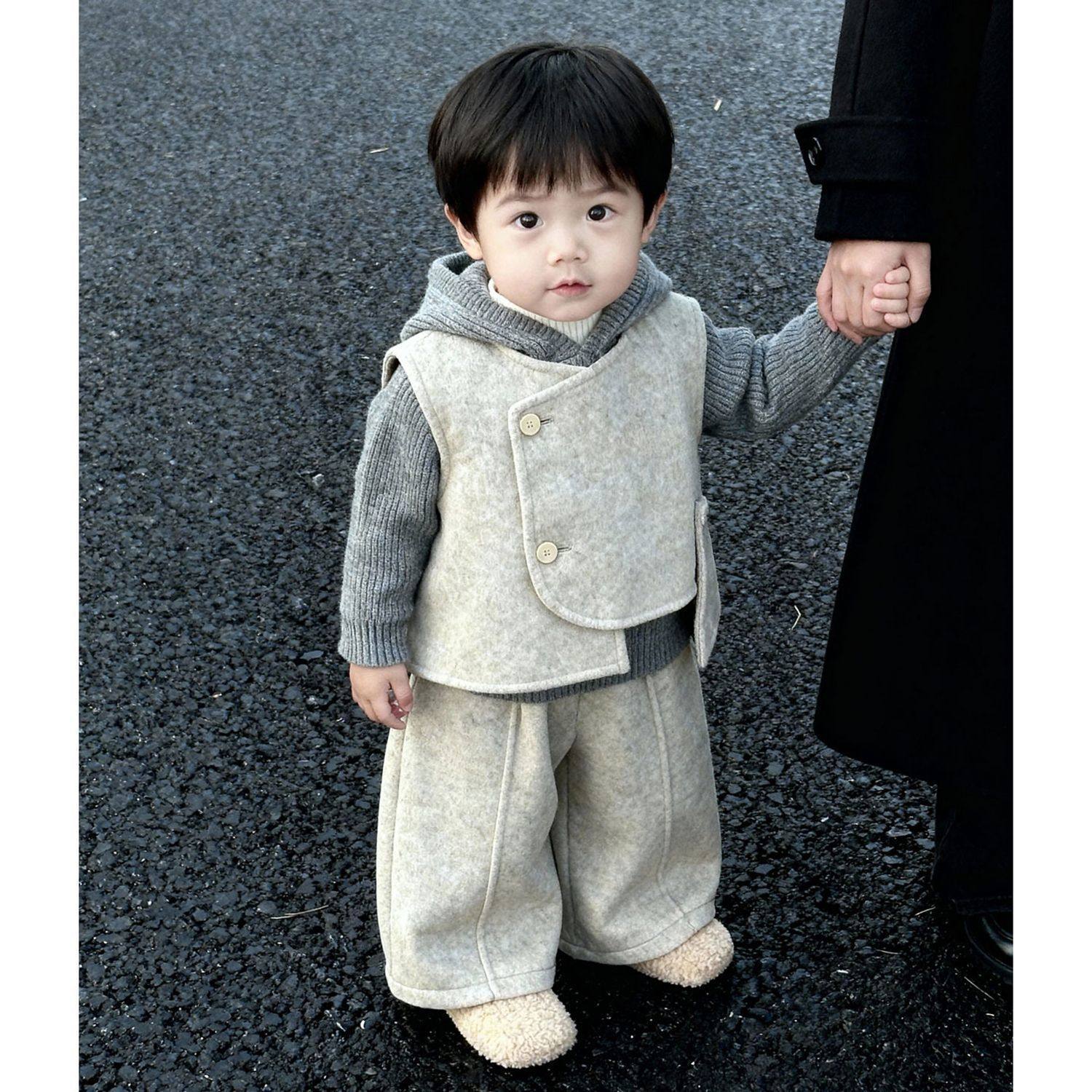 韩版童装男童秋冬2025新款时尚设计感毛呢马甲外套宽松休闲裤套装,淘宝优惠券,粉丝福利购,淘宝优惠卷