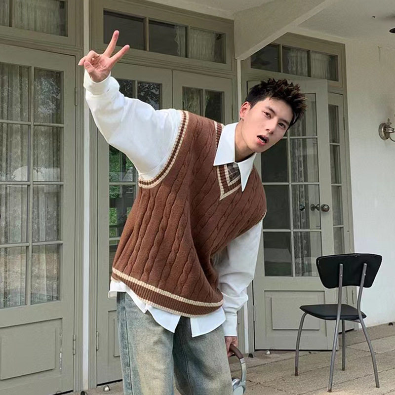美式复古潮V领学院风针织衫马甲男秋冬季麻花撞色宽松背心无袖衫,淘宝优惠券,粉丝福利购,淘宝优惠卷