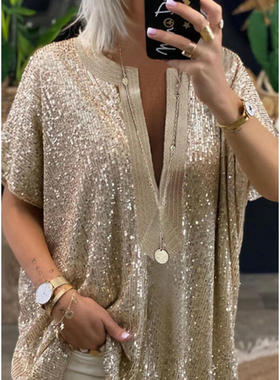 women's Loose sequined V-neck short sleeved casual shirt top