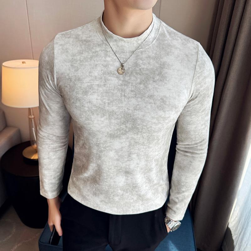 秋冬2025中领长袖T恤渐变扎染修身弹半高领打底衫1023z - 图0
