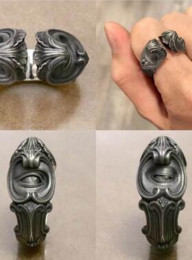 七尚复古双面神视雕花戒指日式磨砂雾化暗黑系铜镀泰银开口指环