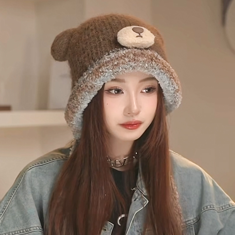 可爱小熊毛绒针织帽子女2025秋冬季保暖护耳包头毛线帽显脸小冷帽 - 图0