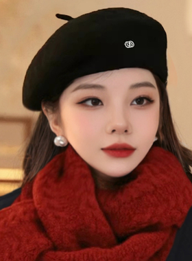 冬季毛呢红色复古优雅贝雷帽女