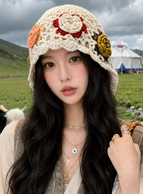 民族风花朵针织护耳帽女保暖