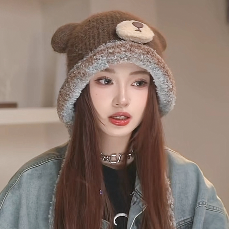 可爱小熊毛绒针织帽子女2025秋冬季保暖护耳包头毛线帽显脸小冷帽 - 图1