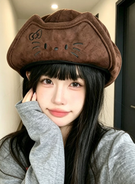 卡通猫耳云朵八角帽显脸小秋季女