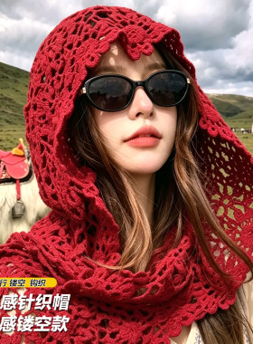 手工钩织镂空花朵包头帽女款秋季