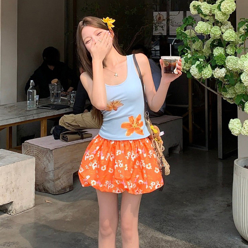 HEYOUNGIRL橘子汽水花卉印花撞色吊带背心碎花橙色花苞半裙套装女,淘宝优惠券,粉丝福利购,淘宝优惠卷