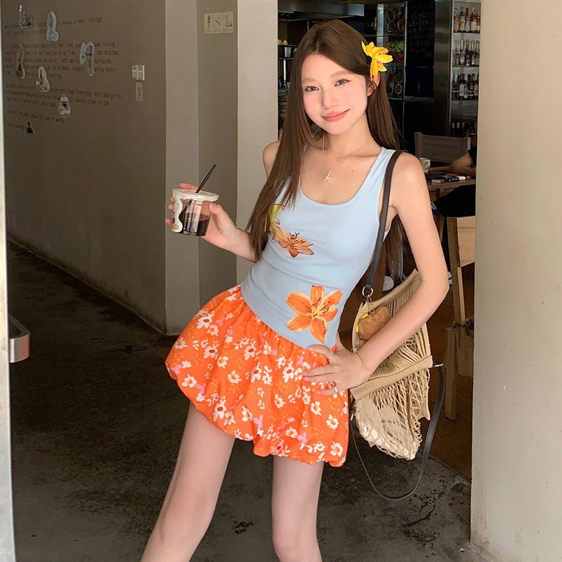 HEYOUNGIRL橘子汽水花卉印花撞色吊带背心碎花橙色花苞半裙套装女,淘宝优惠券,粉丝福利购,淘宝优惠卷