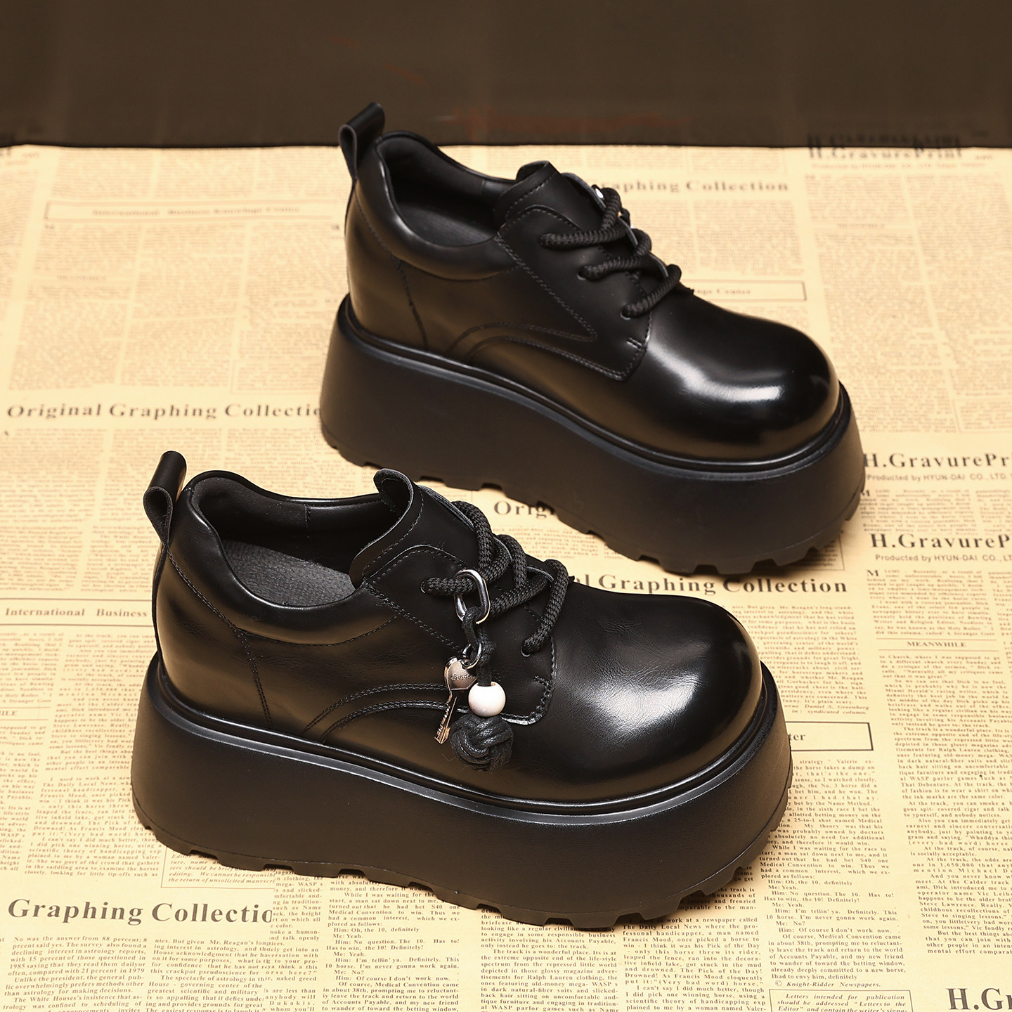 黑色真皮乐福鞋女2026春季新款时尚厚底内增高坡跟10cm豆豆小皮鞋,淘宝优惠券,粉丝福利购,淘宝优惠卷