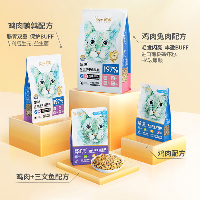 朗诺全价冻干猫主粮猫粮鸡肉三文鱼兔肉鹌鹑营养成猫粮450g*2袋 - 图2