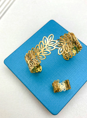 显白镂空麦穗形手镯气质沙金首饰女 网状不锈钢久不掉色开口手环