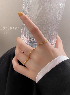 三生三世素圈简约戒指女金色时尚个性食指戒小众设计感ins潮指环