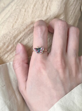 【中古蝴蝶】法式复古蓝红撞色蝴蝶爱心开口可调节戒指珐琅釉指环