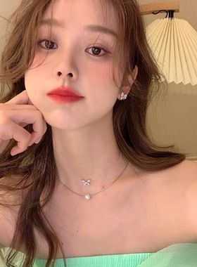 法式双层锆石蝴蝶珍珠项链女设计高级感叠戴锁骨链隐形鱼线颈链潮