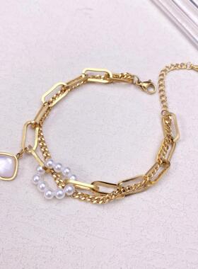 猫眼石贝壳双层粗链镀18k金钛钢手链女不掉色镶珍珠简约轻奢手饰