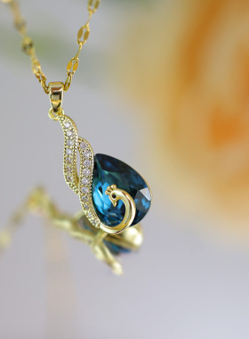 铜镀真金钛钢链18K蓝色孔雀项链潮气质时尚网红短款锁骨链颈链