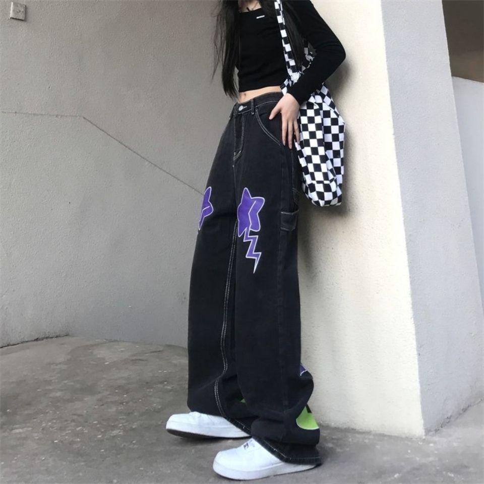 Star Loose High Waist Straight Wide Leg Pants 高腰直筒阔腿裤 - 图1