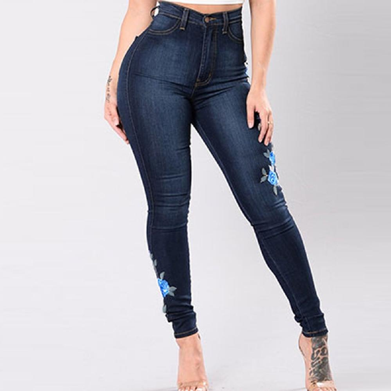 2021新款刺绣高腰腰带牛仔裤女时尚Embroidered jeans women - 图2